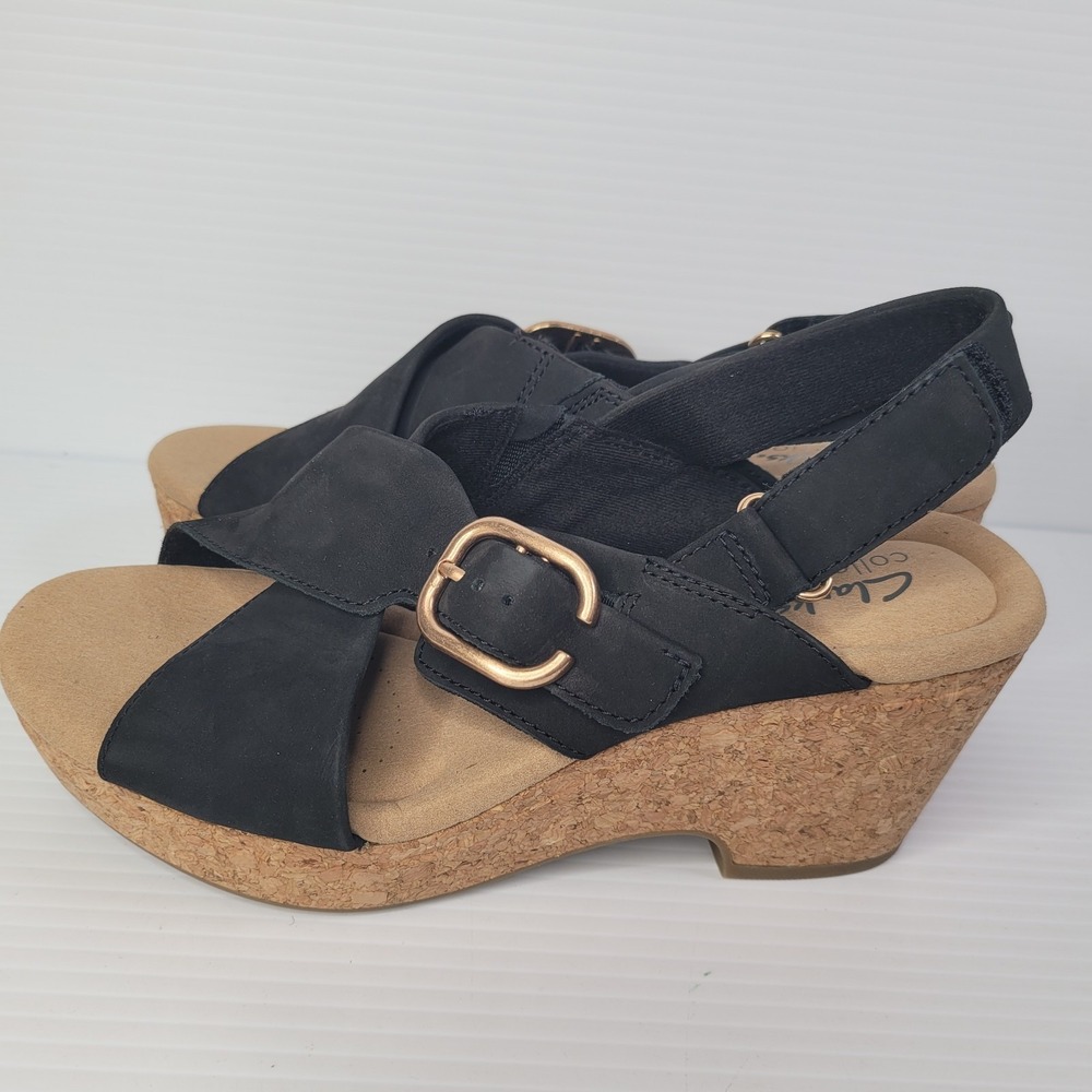 Clarks Women Giselle Dove Cork Wedge Slingback Sandals US 8M Black Nubuck NEW - Picture 5 of 10